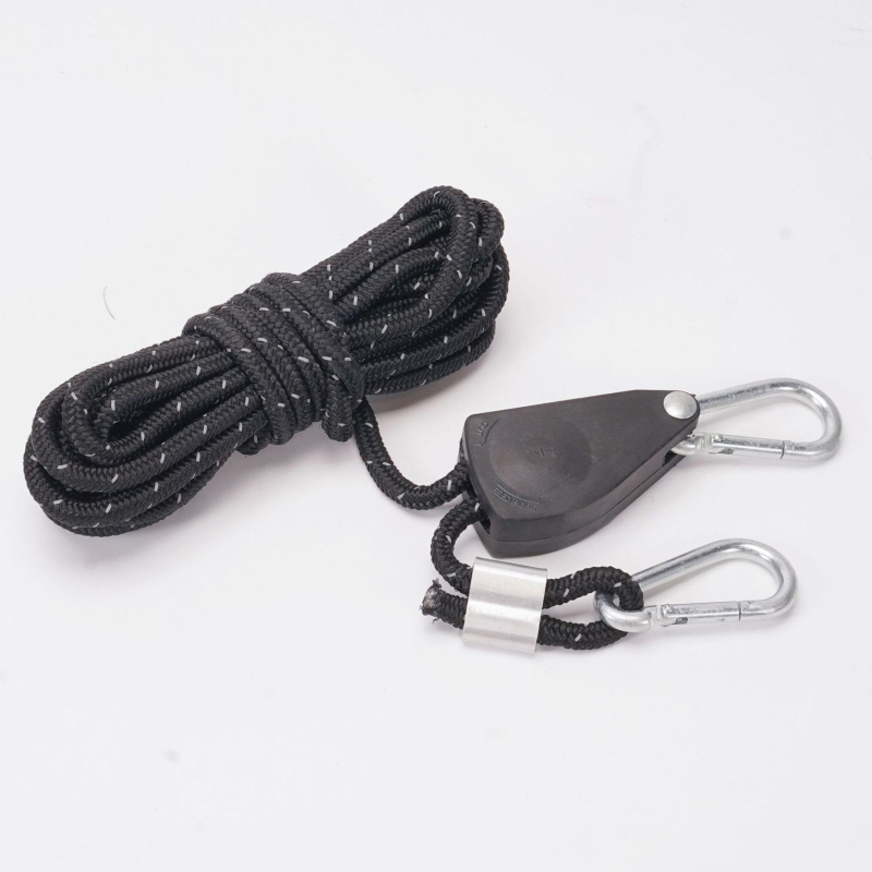 Въжена система за окачване на лампа в палатка за отглеждане на растения с регулируем ролков натяжител и алуминиева катарама — въже 2/2,5/5/10 m; диаметри 4/6/10 mm; максимална товароподемност 34/68/110 kg