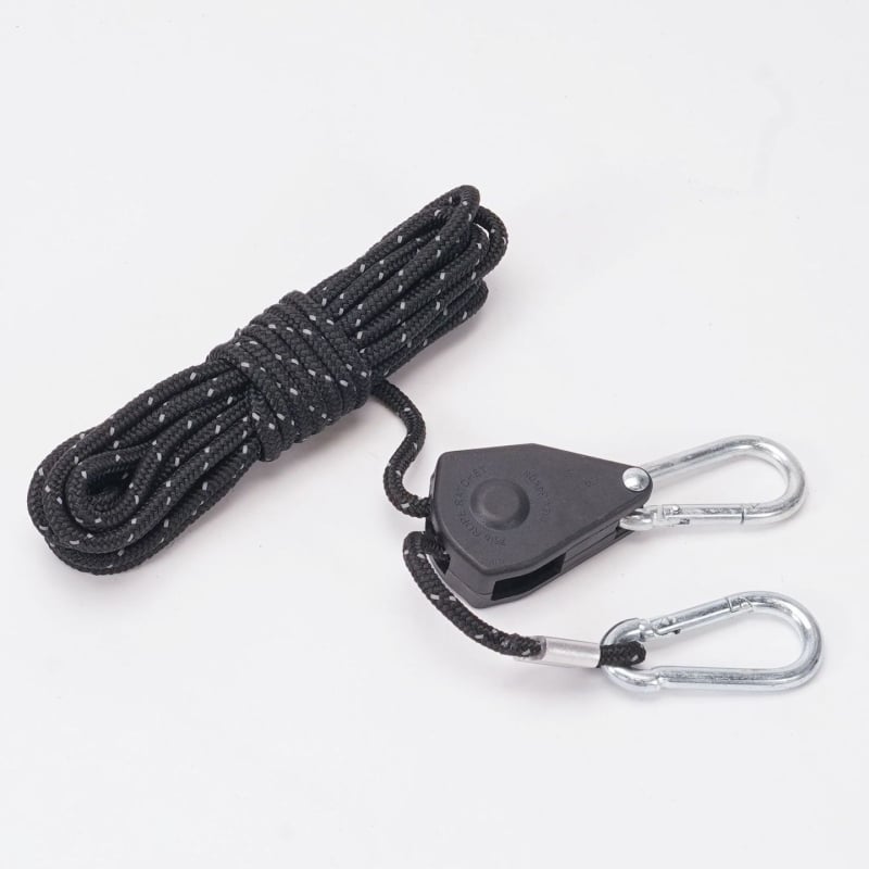 Въжена система за окачване на лампа в палатка за отглеждане на растения с регулируем ролков натяжител и алуминиева катарама — въже 2/2,5/5/10 m; диаметри 4/6/10 mm; максимална товароподемност 34/68/110 kg