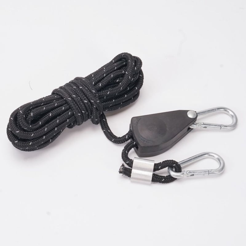 Въжена система за окачване на лампа в палатка за отглеждане на растения с регулируем ролков натяжител и алуминиева катарама — въже 2/2,5/5/10 m; диаметри 4/6/10 mm; максимална товароподемност 34/68/110 kg