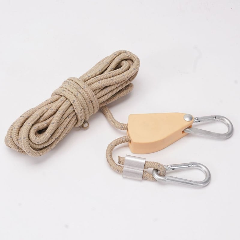 Въжена система за окачване на лампа в палатка за отглеждане на растения с регулируем ролков натяжител и алуминиева катарама — въже 2/2,5/5/10 m; диаметри 4/6/10 mm; максимална товароподемност 34/68/110 kg