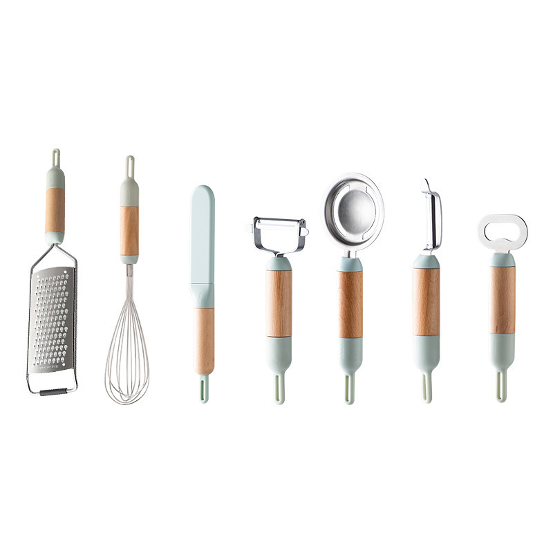 Hét darabos konyhai eszköz készlet: tojáshabverő, tojásfehérje szeparátor, reszelő, gyümölcs kés, hámozó, üvegnyitó (304 rozsdamentes acél, Junda Lai márka, 2021-ben bemutatva, modern minimalista stílus)