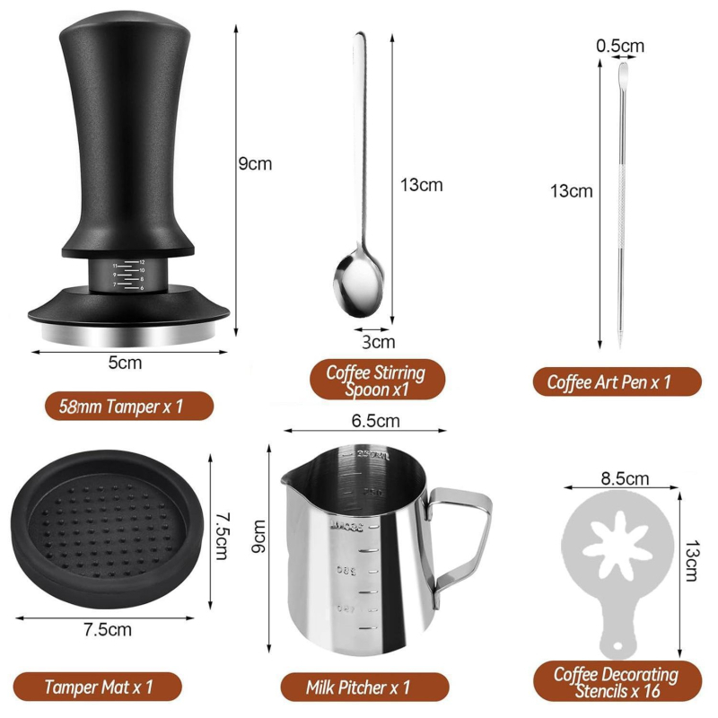 Polysteel Kafa presa sa skalom, podesivi odjeljivač praha, pres s konstantnom silom, set latte art