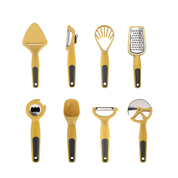 Set de unelte de bucătărie: curățător de legume, spatulă pentru prăjituri, tăietor de fructe și deschizător de sticle; mânere din lemn și PP; piese ABS; lame din oțel inoxidabil 430.