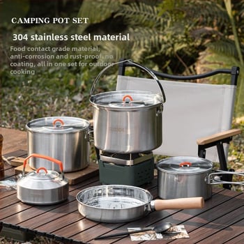 Комплект съдове за къмпинг от неръждаема стомана, преносими съдове и чайник (Материал: 304 неръждаема стомана; Функция: Преносим; Употреба: къмпинг на открито)