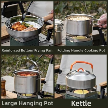 Комплект съдове за къмпинг от неръждаема стомана, преносими съдове и чайник (Материал: 304 неръждаема стомана; Функция: Преносим; Употреба: къмпинг на открито)