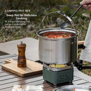 Комплект съдове за къмпинг от неръждаема стомана, преносими съдове и чайник (Материал: 304 неръждаема стомана; Функция: Преносим; Употреба: къмпинг на открито)