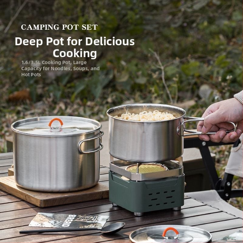 Комплект съдове за къмпинг от неръждаема стомана, преносими съдове и чайник (Материал: 304 неръждаема стомана; Функция: Преносим; Употреба: къмпинг на открито)