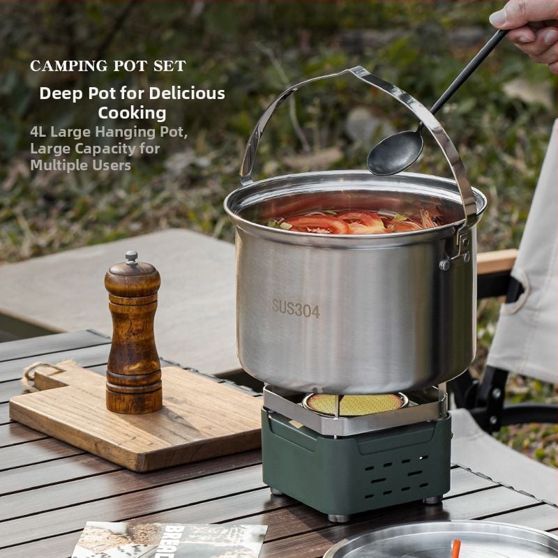 Комплект съдове за къмпинг от неръждаема стомана, преносими съдове и чайник (Материал: 304 неръждаема стомана; Функция: Преносим; Употреба: къмпинг на открито)