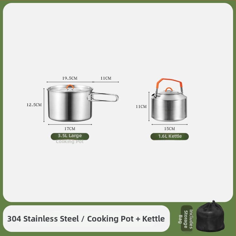 Комплект съдове за къмпинг от неръждаема стомана, преносими съдове и чайник (Материал: 304 неръждаема стомана; Функция: Преносим; Употреба: къмпинг на открито)