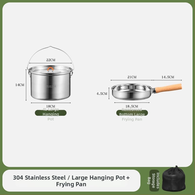 Комплект съдове за къмпинг от неръждаема стомана, преносими съдове и чайник (Материал: 304 неръждаема стомана; Функция: Преносим; Употреба: къмпинг на открито)
