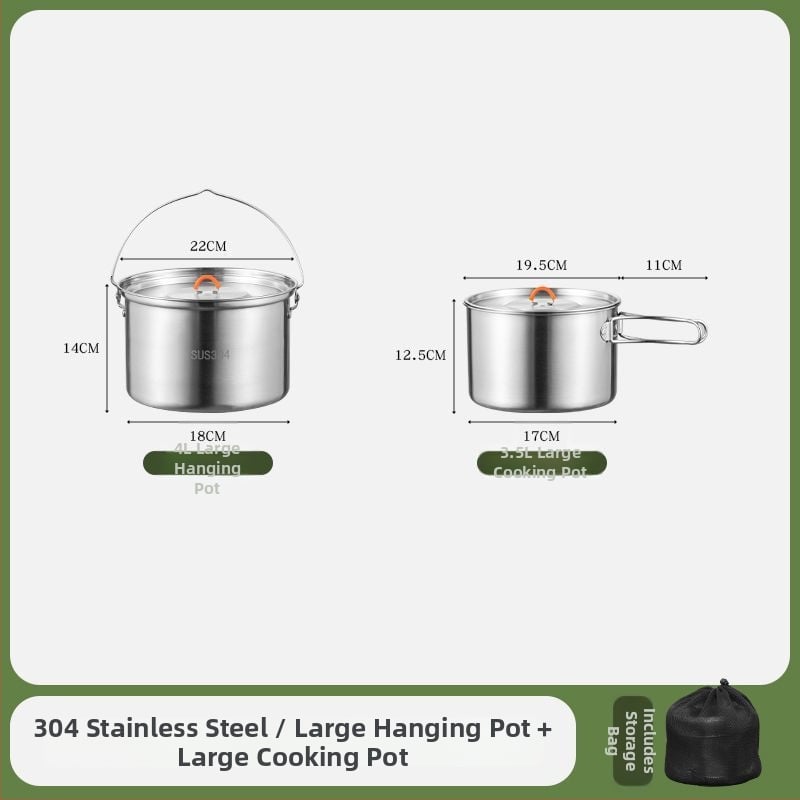 Комплект съдове за къмпинг от неръждаема стомана, преносими съдове и чайник (Материал: 304 неръждаема стомана; Функция: Преносим; Употреба: къмпинг на открито)