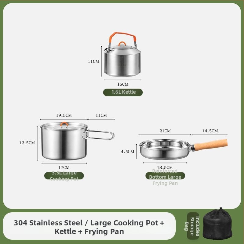 Комплект съдове за къмпинг от неръждаема стомана, преносими съдове и чайник (Материал: 304 неръждаема стомана; Функция: Преносим; Употреба: къмпинг на открито)