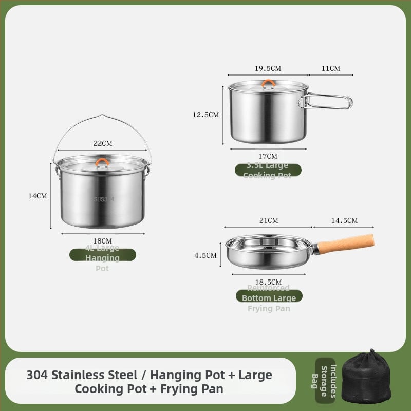 Комплект съдове за къмпинг от неръждаема стомана, преносими съдове и чайник (Материал: 304 неръждаема стомана; Функция: Преносим; Употреба: къмпинг на открито)