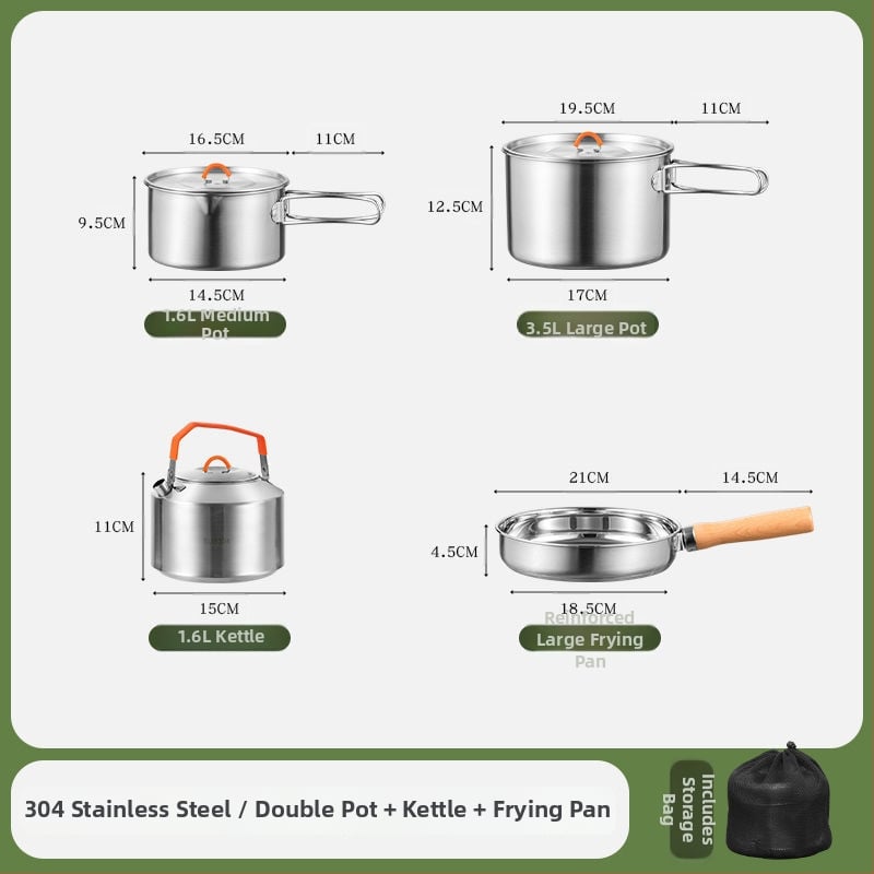 Комплект съдове за къмпинг от неръждаема стомана, преносими съдове и чайник (Материал: 304 неръждаема стомана; Функция: Преносим; Употреба: къмпинг на открито)
