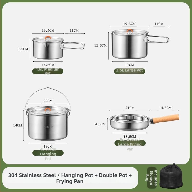 Комплект съдове за къмпинг от неръждаема стомана, преносими съдове и чайник (Материал: 304 неръждаема стомана; Функция: Преносим; Употреба: къмпинг на открито)