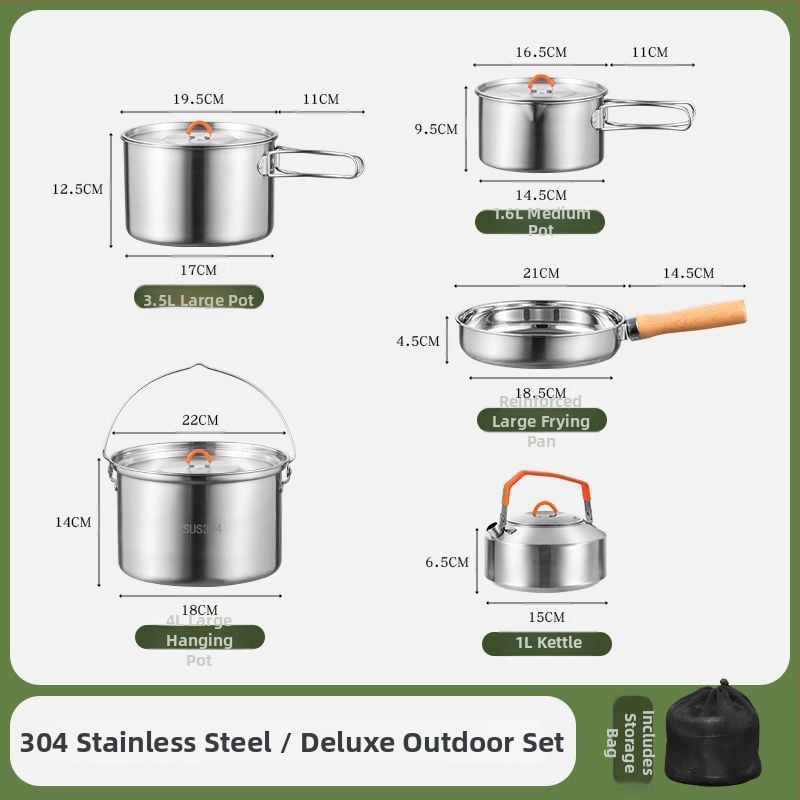 Комплект съдове за къмпинг от неръждаема стомана, преносими съдове и чайник (Материал: 304 неръждаема стомана; Функция: Преносим; Употреба: къмпинг на открито)