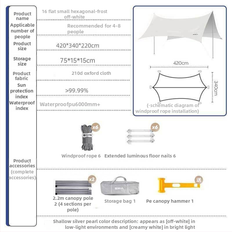 Kültéri árnyékoló sátor kempingezéshez - négyszögletes napvédő, poliészter anyag, vízállósági osztály 1