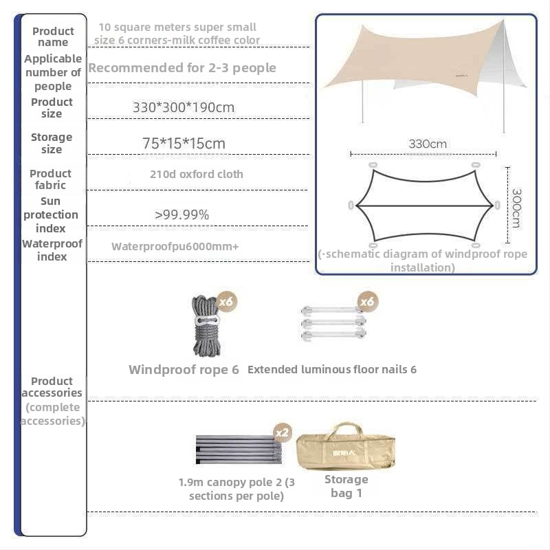 Kültéri árnyékoló sátor kempingezéshez - négyszögletes napvédő, poliészter anyag, vízállósági osztály 1