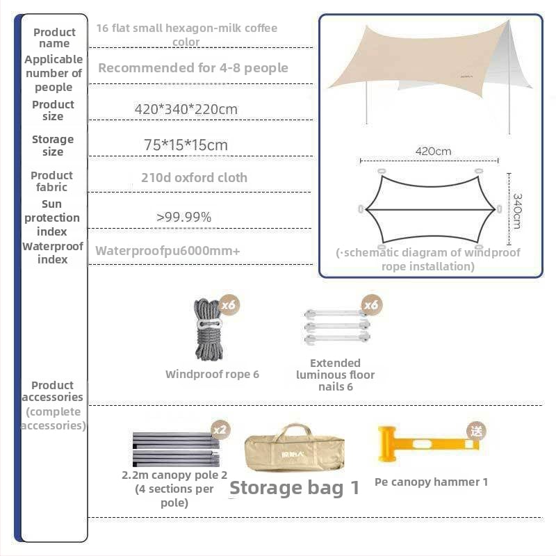 Kültéri árnyékoló sátor kempingezéshez - négyszögletes napvédő, poliészter anyag, vízállósági osztály 1