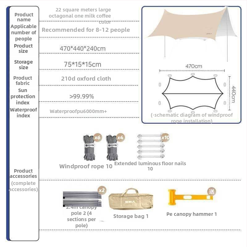 Kültéri árnyékoló sátor kempingezéshez - négyszögletes napvédő, poliészter anyag, vízállósági osztály 1