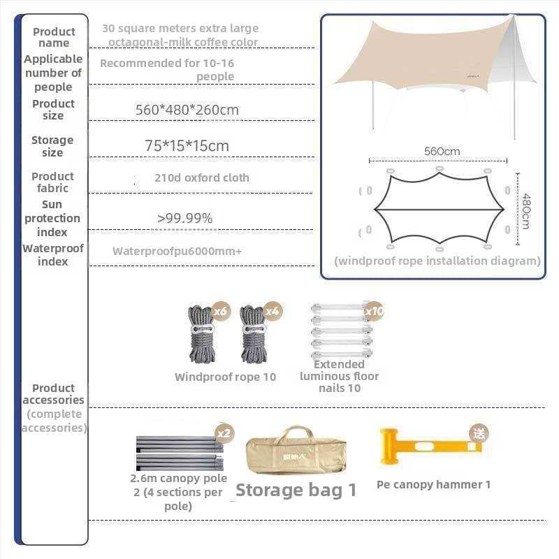 Kültéri árnyékoló sátor kempingezéshez - négyszögletes napvédő, poliészter anyag, vízállósági osztály 1