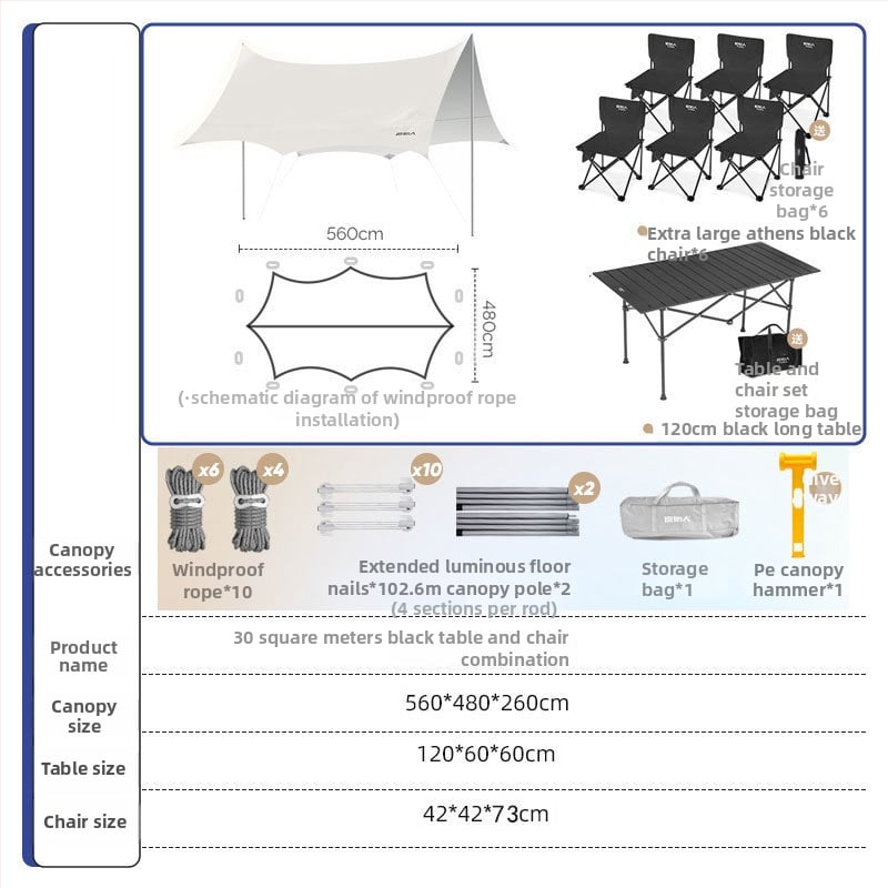 Kültéri árnyékoló sátor kempingezéshez - négyszögletes napvédő, poliészter anyag, vízállósági osztály 1