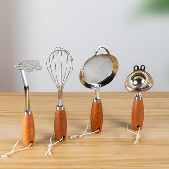 Jueshi Bățător pentru ouă cu mâner din lemn și separator de gălbenuș – Instrument din oțel inoxidabil, cu suport staționar, pentru bătut ouă, separare gălbenuș și filtrare pentru hrana bebelușilor