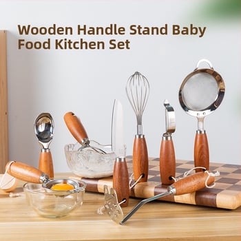 Jueshi Bățător pentru ouă cu mâner din lemn și separator de gălbenuș – Instrument din oțel inoxidabil, cu suport staționar, pentru bătut ouă, separare gălbenuș și filtrare pentru hrana bebelușilor