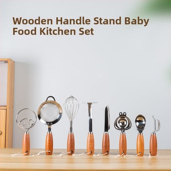 Jueshi Bățător pentru ouă cu mâner din lemn și separator de gălbenuș – Instrument din oțel inoxidabil, cu suport staționar, pentru bătut ouă, separare gălbenuș și filtrare pentru hrana bebelușilor