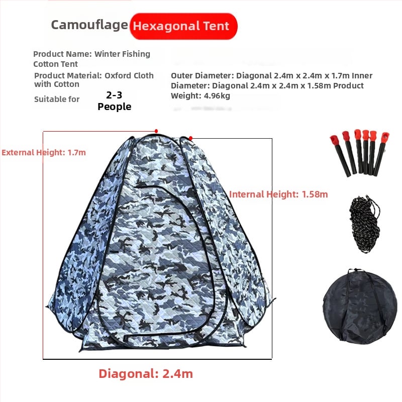 Зимна палатка за ледено риболов със автоматично разпъване, пирамидална едностепенна конструкция, тегло 4,7 кг, пръти от фибростъкло, Oxford плат вътрешен и външен