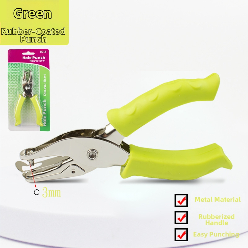 Ručný dierovač s gumovou úpravou a kovovým telom (Model 130BJ6G, 1 otvor, ručné ovládanie, hmotnosť 87 g)