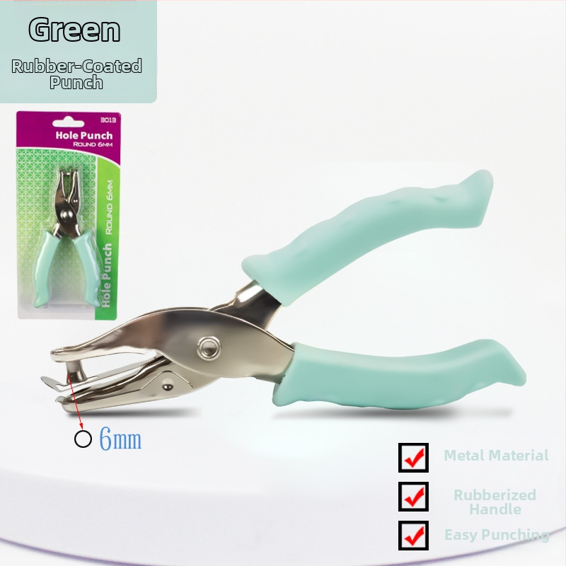 Ručný dierovač s gumovou úpravou a kovovým telom (Model 130BJ6G, 1 otvor, ručné ovládanie, hmotnosť 87 g)