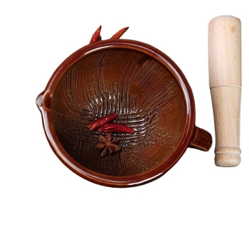 Mortar and pestle set for home use with wooden pestle, dense-tooth pattern, versatile grinder for chili peppers, century egg, garlic, and rice paste.