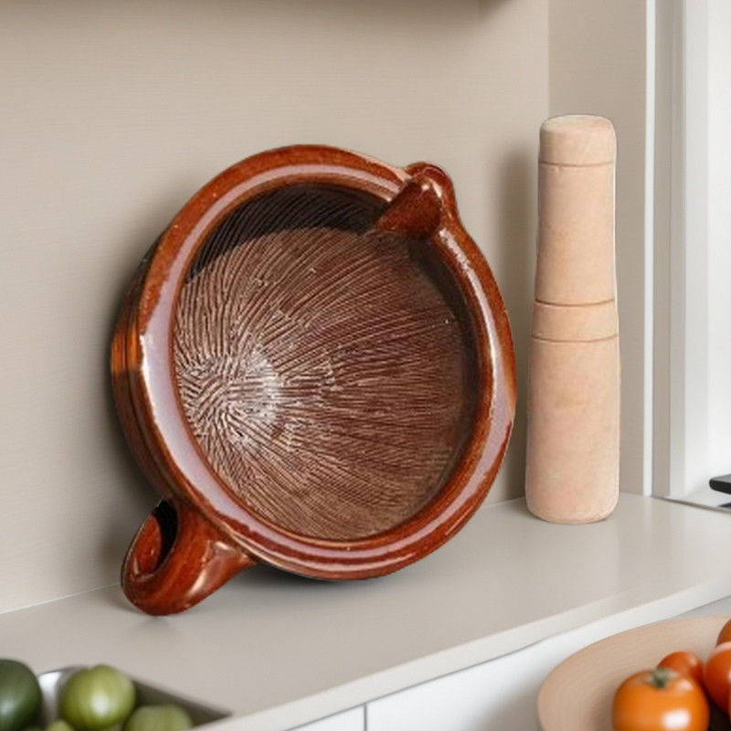 Mortar and pestle set for home use with wooden pestle, dense-tooth pattern, versatile grinder for chili peppers, century egg, garlic, and rice paste.