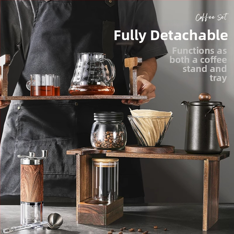 Sada pour-over kávy so stojanom zo dreva, ručným mlynčekom a na domáce použitie