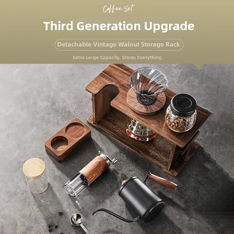 Sada pour-over kávy so stojanom zo dreva, ručným mlynčekom a na domáce použitie