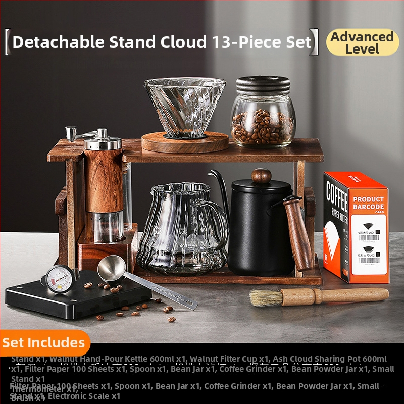Sada pour-over kávy so stojanom zo dreva, ručným mlynčekom a na domáce použitie