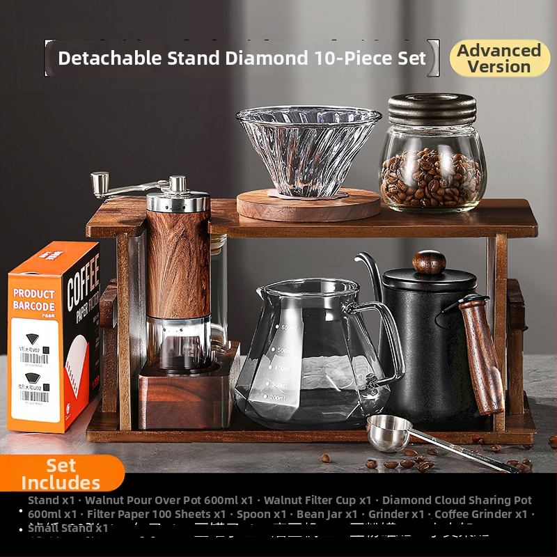 Sada pour-over kávy so stojanom zo dreva, ručným mlynčekom a na domáce použitie