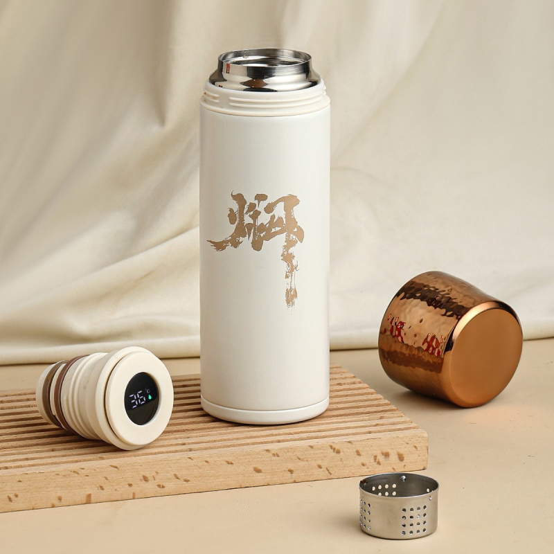 Cană termos izolată cu capac ciocănit, interior din oțel inoxidabil 316, izolație 0-6 ore, afișaj temperatură, separare ceai-apă