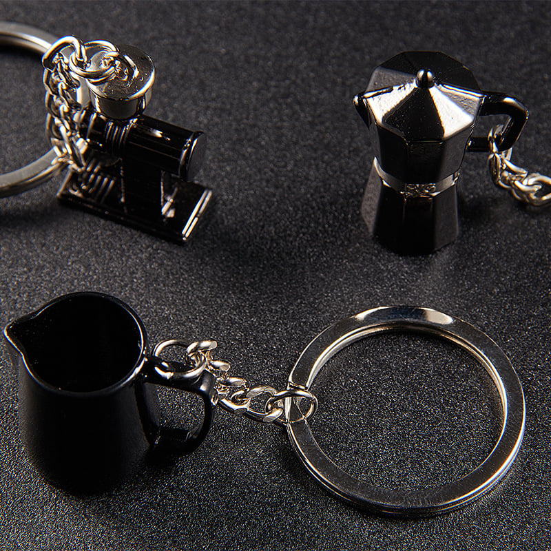 Σετ καφέ κλειδοθήκη με μοτίβ moka pot; περιλαμβάνει μύλο κόκκων και πρέσα σκόνης; επίστρωση με χρωματικό διαχωρισμό; μοντέρνος απλός σχεδιασμός; εκτυπωμένο λογότυπο