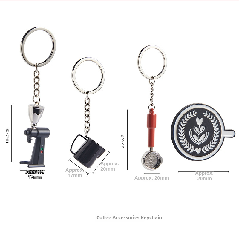 Set kľúčenka s kávovým motívom moka kanvičky; obsahuje mlynček na zrná a lis na prášok; povrch s farebným delením; moderný jednoduchý štýl; tlačené logo