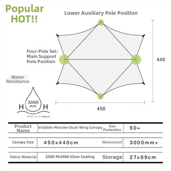 Kültéri kempingre alkalmas árnyékoló sátor pillangó alakú, Oxford szövet, 3000 mm vízállóság, kézi összeszerelés, vas váz