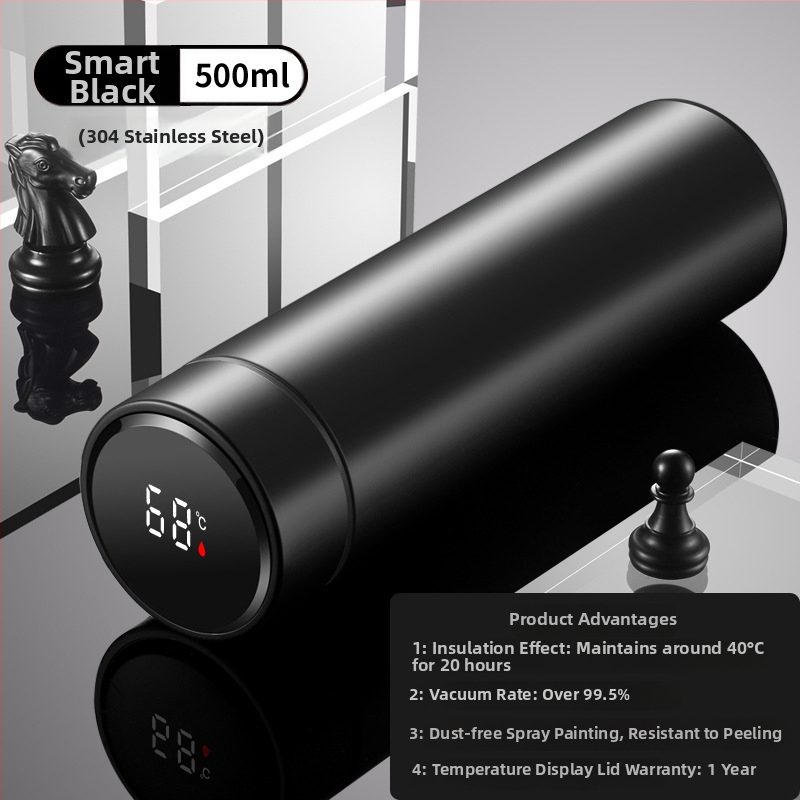 Termos šalice s prikazom temperature, unutarnji spremnik od 304 nehrđajućeg čelika, vanjski sloj od 201 nehrđajućeg čelika, izolacija 12–24 h, mjerenje temperature