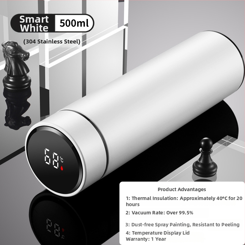 Termos šalice s prikazom temperature, unutarnji spremnik od 304 nehrđajućeg čelika, vanjski sloj od 201 nehrđajućeg čelika, izolacija 12–24 h, mjerenje temperature
