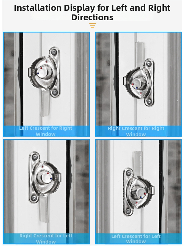 4‑kus Crescent okenný zámok set – ľavý/pravý Crescent, Monlech Stainless steel safety crescent lock s puzdrom z nehrdzavejúcej ocele a chrómovanou základňou