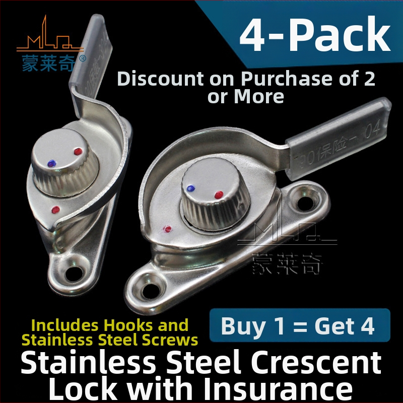 4‑kus Crescent okenný zámok set – ľavý/pravý Crescent, Monlech Stainless steel safety crescent lock s puzdrom z nehrdzavejúcej ocele a chrómovanou základňou