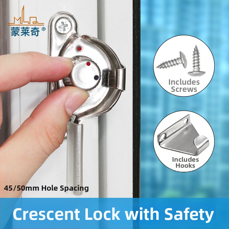 4‑kus Crescent okenný zámok set – ľavý/pravý Crescent, Monlech Stainless steel safety crescent lock s puzdrom z nehrdzavejúcej ocele a chrómovanou základňou