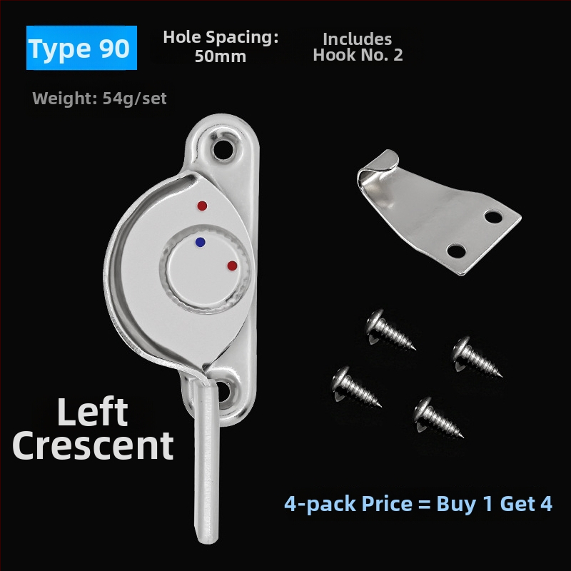 4‑kus Crescent okenný zámok set – ľavý/pravý Crescent, Monlech Stainless steel safety crescent lock s puzdrom z nehrdzavejúcej ocele a chrómovanou základňou