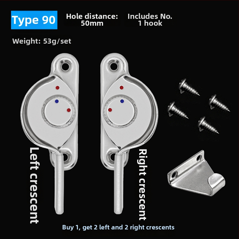 4‑kus Crescent okenný zámok set – ľavý/pravý Crescent, Monlech Stainless steel safety crescent lock s puzdrom z nehrdzavejúcej ocele a chrómovanou základňou