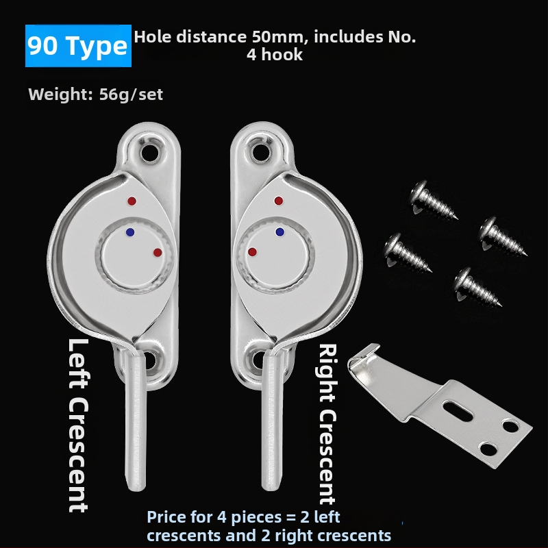 4‑kus Crescent okenný zámok set – ľavý/pravý Crescent, Monlech Stainless steel safety crescent lock s puzdrom z nehrdzavejúcej ocele a chrómovanou základňou